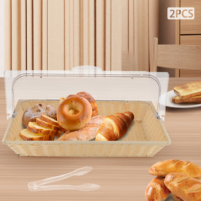 2pcs Large Rattan Bread Baskets, 21Inch Fruit Basket with Lids and Bread Clips