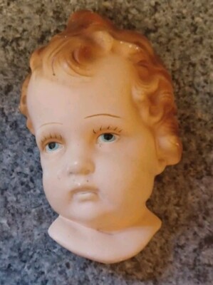 Vintage 1950s Painted Chalkware Baby Face Head Cherub Wall Hanging