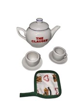 Miniature Ceramic Tea Set With "The Clauses" Design  Christmas-Themed Pot Holde