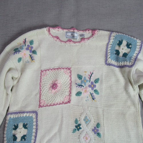 Vtg Maggie Lawrence Sweater Womens M White Pink Crochet Cottagecore Granny Chic - Picture 3 of 9