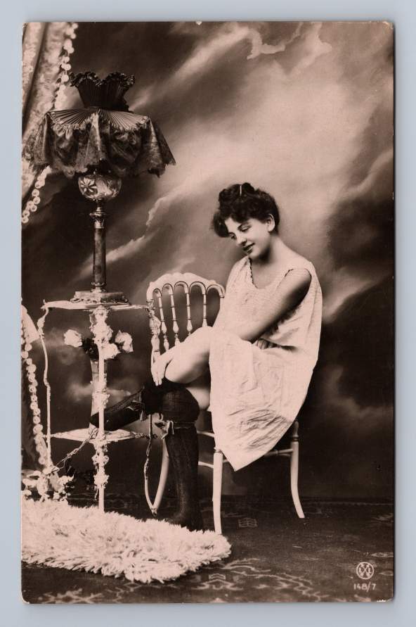 Smiling Girl w Shag Rug & Lamp RPPC Antique German Photo Postcard