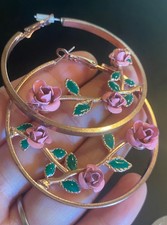 VTG Oversized Hoop Earrings Pink Rose Green Enamel Leaf Gold-Tone Floral Large