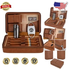 Elegant Cedar Cigar Humidor Case - Portable Leather Travel Kit w/ 3 Jet Lighter