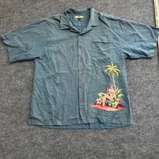 Tommy Bahama Shirt Mens XL Blue Silk Hula Girl Pinup Jacquard Aloha Camp Button