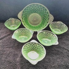 Vintage Green Pressed Glass Trifle Bowl – Handled Mid-Century Dessert Ware