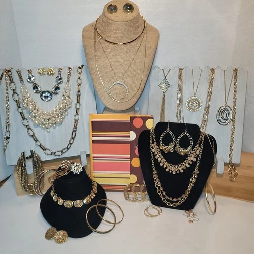 Costume Jewelry Lot & Journal - Mixed Materials - Gold Theme - VTG to New
