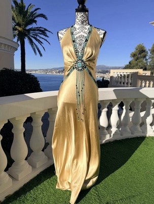 Jenny Packham Kleid Long Couture Champagner Perlen bestickt Türkis Gala Gr.38