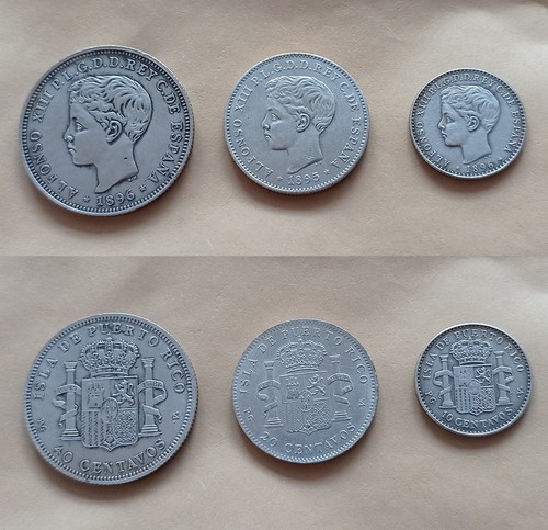 Set of 3 COINS - PUERTO RICO - 40, 20, 10 centavos 1895-1896 PGV. Alfonso XIII