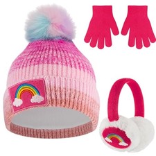 3 Pcs Kids Hat Earmuffs and Gloves Set, Winter Knitted Hat Rose Red Rainbow