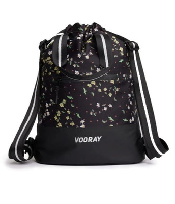 NEW w Tags Vooray Flex Cinch Backpack Tote Gym Bag Black Floral Flourish $40