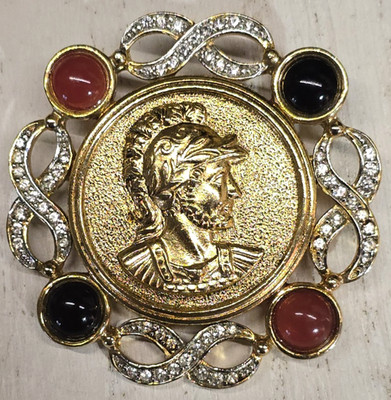 Pierre Balmain Paris Large Brooch Roman Coin Rhinestone Lucite Cab Haute Couture