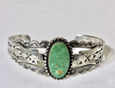 Vtg Fred Harvey Era Navajo Sterling Green Turquoise Thunderbird Bracelet *Read* - Image 1 of 4