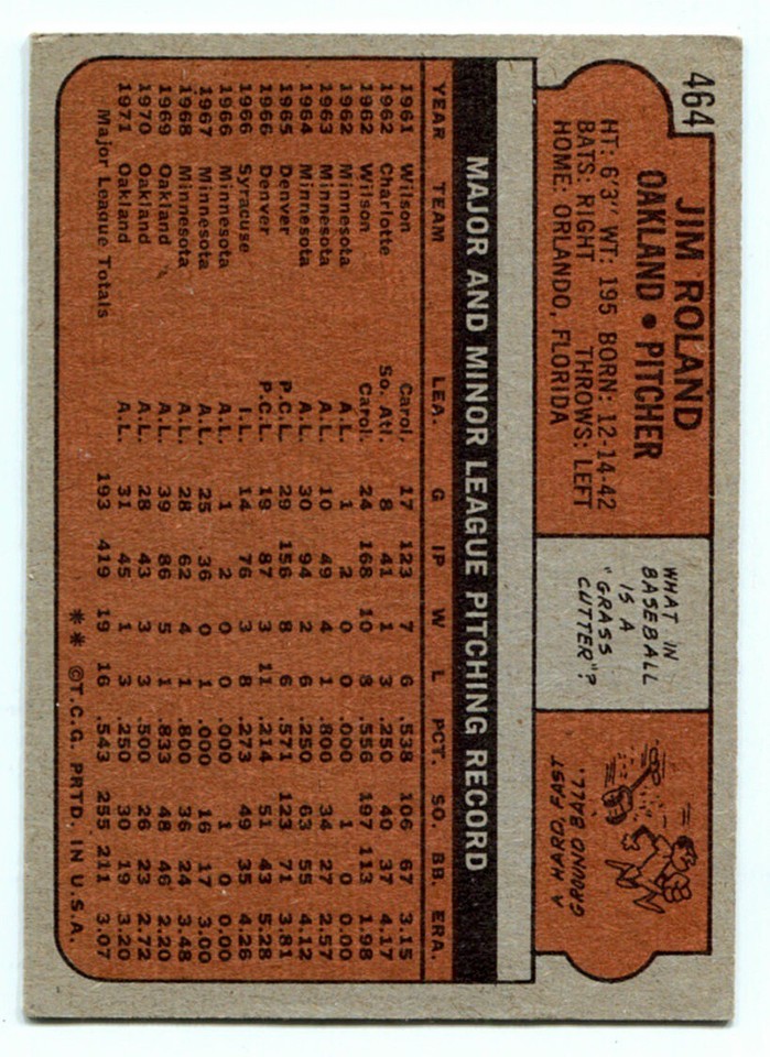 1972 Topps #464 Jim Roland Baseball Card - Oakland Athletics | eBay