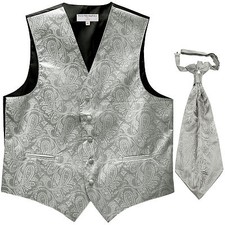 New Men's Paisley Tuxedo Vest Waistcoat  Ascot Cravat Wedding Prom Silver