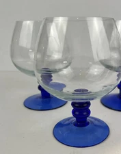 Vintage Set Of 2 Cognac Small Glasses With Cobalt Blue  Stems 1980s