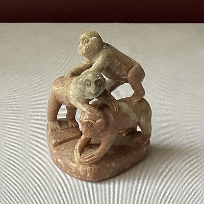 Vintage Miniature 3-Monkey Natural Carved Stone Figurine, Unmarked, 2 3/8  T