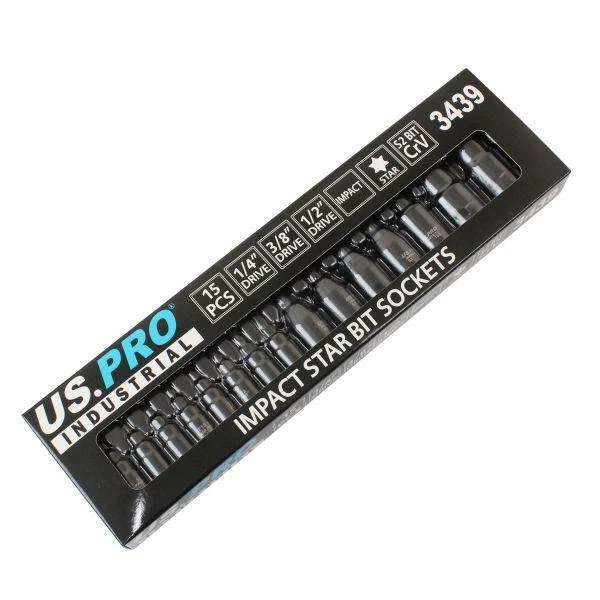 US PRO INDUSTRIAL 15pc Impact Torx Bit Socket Set 1/4,3/8,1/2" Drive T6-T70 3439 - Image 3 of 3