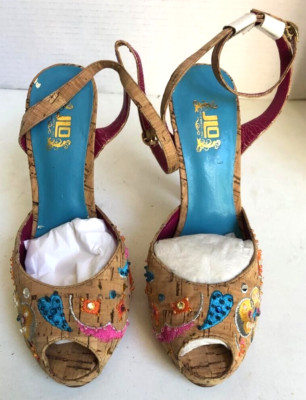 J.Lo casual heals open toe leather cork heal Bling New with defects READ