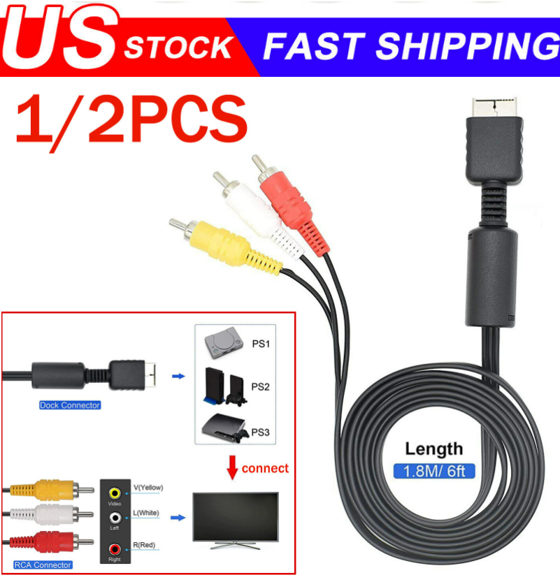 Feet AV to RCA Audio Video Composite Cable Cord For Sony PS1 PS2 PS3 PS3  Slim