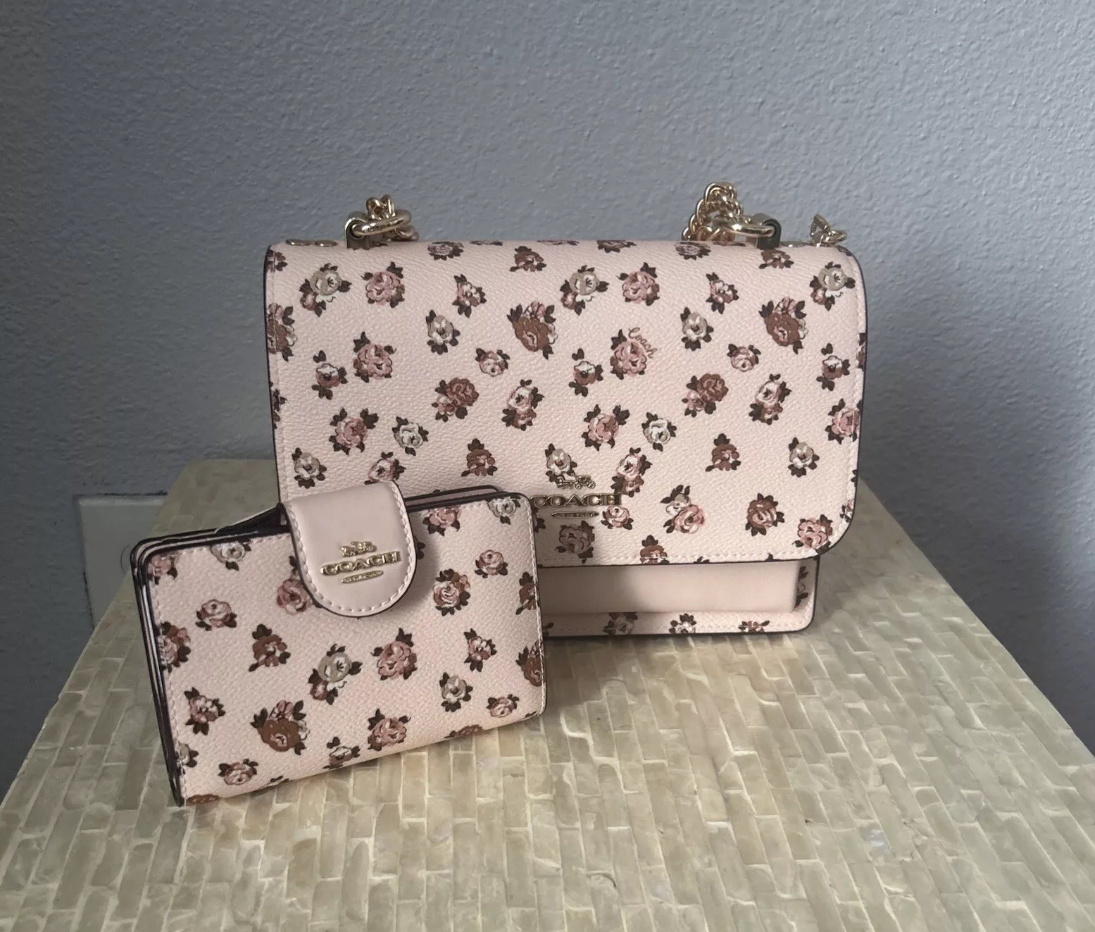 Coach Klare Crossbody Bag With Rose Print Gold/Blush Multi & Medium Wallet (Set)