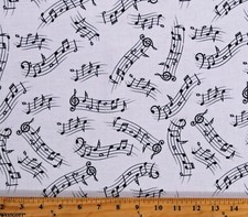 Cotton Sheet Music Swirls Notes Musicians White Fabric Print by Yard D776.84