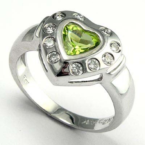 14k White Gold Diamond Peridot Heart Ring 4 to 9.5 #R536