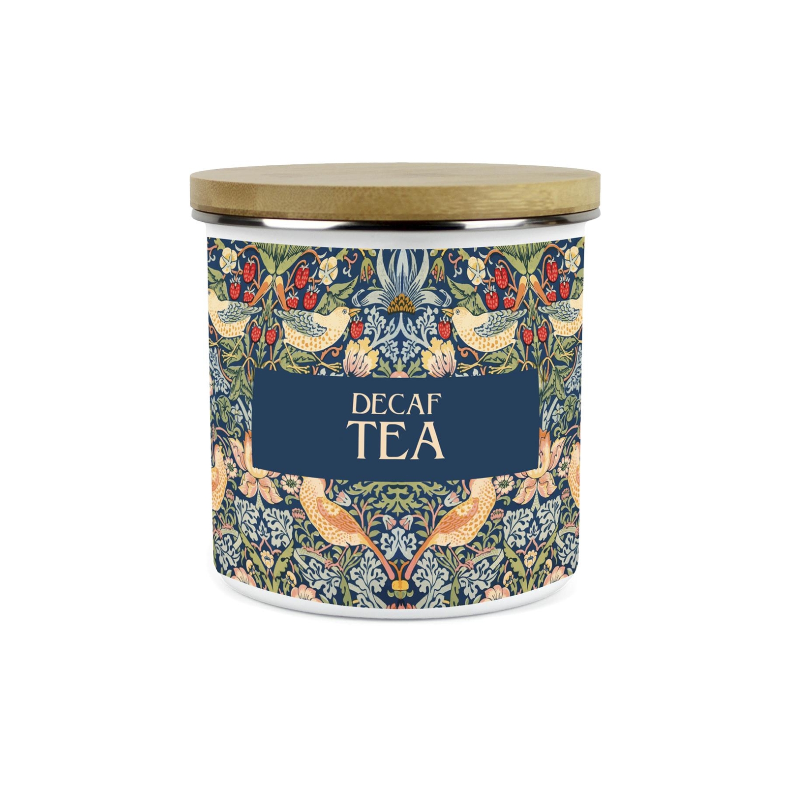 Strawberry Thief Decaf Tea Storage Canister - Enamel & Bamboo Kitchen Container