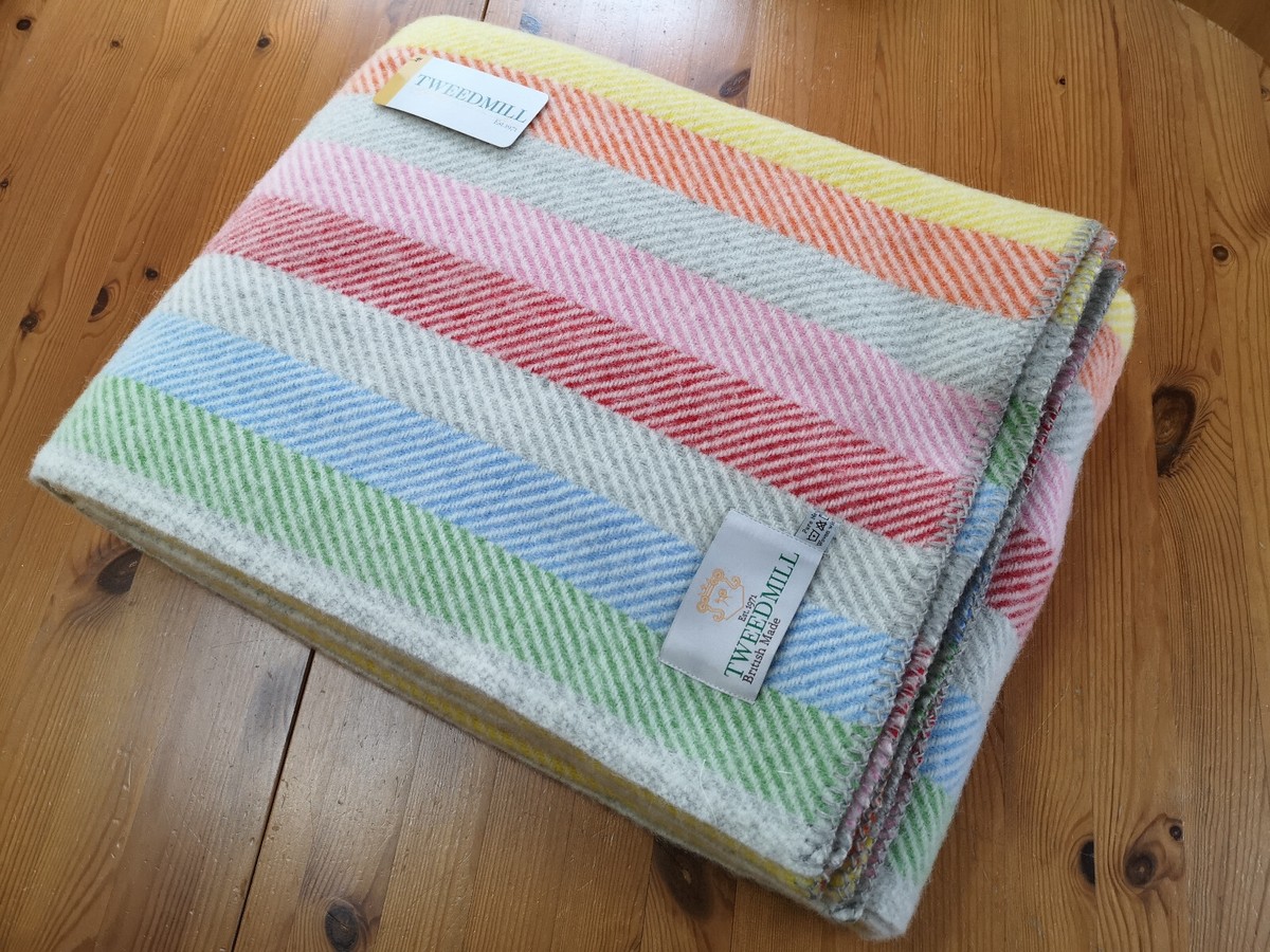 TWEEDMILL 100% Wool Sofa Bed Blanket Rug RAINBOW GREY BLUE RED