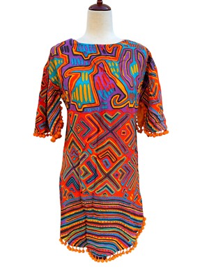 1960's Mod Mini Dress Op Art Metal Zipper Pom-pom Trim Linen by MALBE