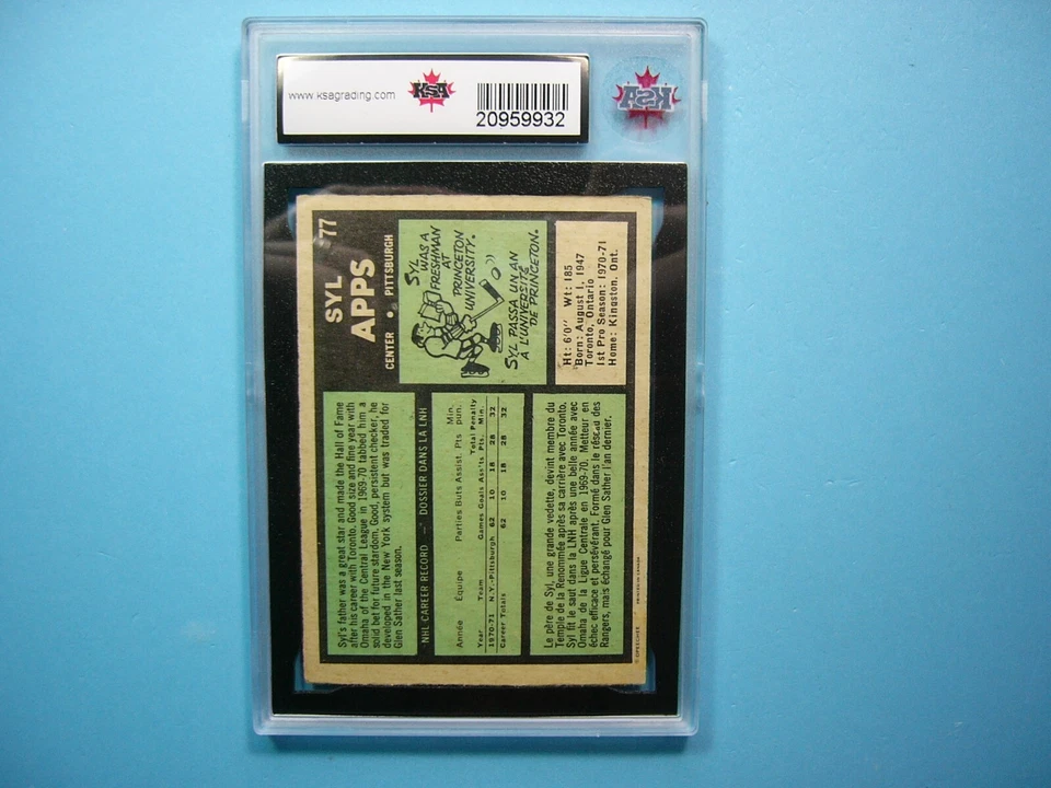 1971/72 O-PEE-CHEE NHL HOCKEY CARD #77 SYL APPS JR. ROOKIE RC KSA 6 EX/NM OPC - Image 2 of 2