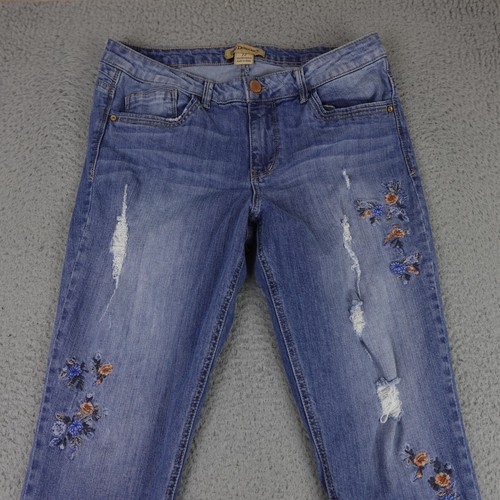 Democracy Jeans Womens 12 Blue Denim Girlfirend Distressed Floral Embroidered - Picture 3 of 14