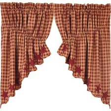 Burgundy Star Lined Prairie Swag Set Red & Tan Check Scalloped Edge 100% Cotton