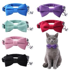 6 Pcs Cat Collar Breakaway with Bow Tie and Bell Solid Colors Kitten Collars