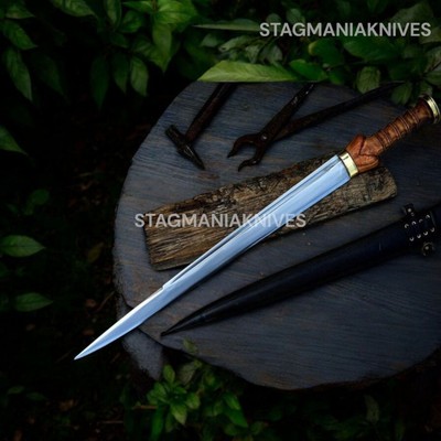 Rare Hand Forged J2 Steel Hunting Bowie Scottish Dirk Sword Engraved Wood Handle