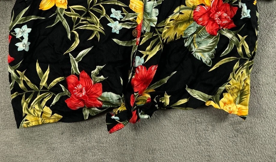 Карибский Joe винтажный женщин 1 X гавайский лагерь рубашка черный цветочный укороченный верхняя кнопка - Изображение 3 из 4