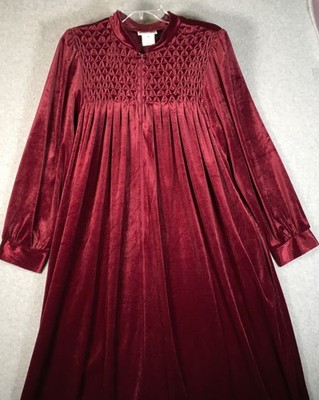 Vintage National Women M Burgundy Velour 3/4 Zip Front Maxi Robe Lounger Smocked