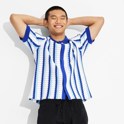 Men's Short Sleeve Knit Button-Down Shirt- Original Use  Blue S: Casual Polo
