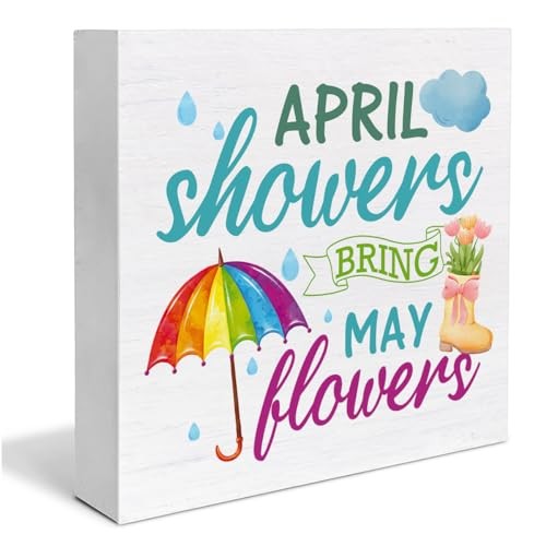 Spring Decor Rustic April Showers Bring May Flowers Wood Block Sign 19
