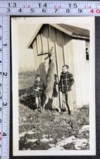 Children Holding Rifle Dead Hanging Deer Hunting BW Photo Snapshot