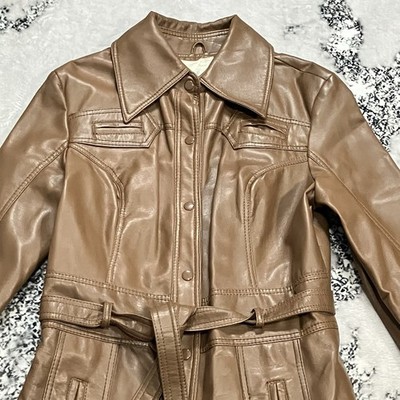 Vintage Faux Leather Trench Coat 12 Brown Belted Long Jacket Retro