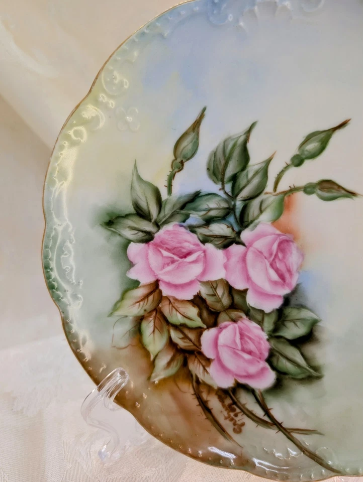 Antiguo Plato Bassett Austria Limoges 1907 Pintado a Mano Rosas Rosas Firmado 7 5/8" Foto 4 de 4