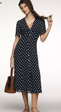 Reformation Navy/White Polka Dot V-Neck Button Front Belted Midi Dress 2
