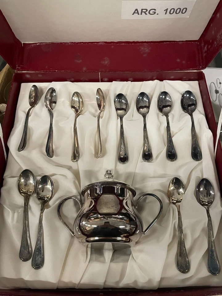 SERVIZIO ZUCCHERIERA ARGENTO 1000 CON 12 CUCCHIAINI CAFFE' - VINTAGE - - Immagine 4 di 4