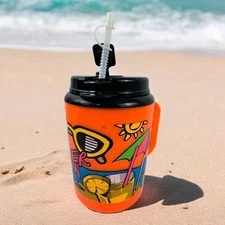 Vtg Betras Jumbo Travel Mug w Straw Summer Fun Neon Orange 80s Retro Beach 52 Oz