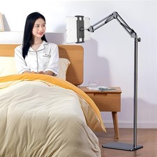Tablet Floor Stand with 7.2 lb Weight Base, Overhead Bed Phone Mount Silver