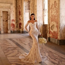 3D Flower Lace Mermaid Wedding Dresses V Neck Off Shoulder Bridal Gowns