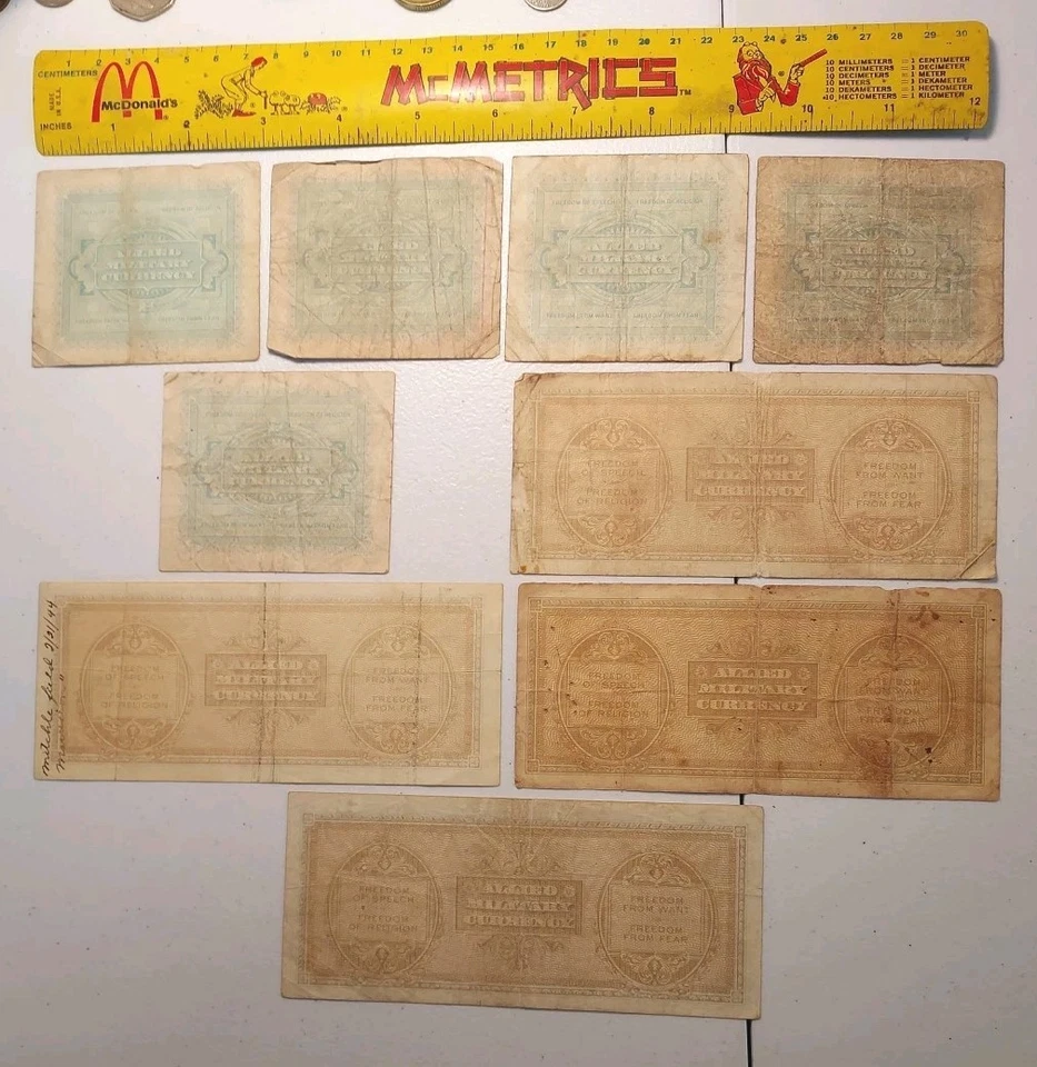 1943 Italy WWII Allied Military 9 Note Set; 1 to 1000 Lire Allied Invasion Notes - Image 2 of 4