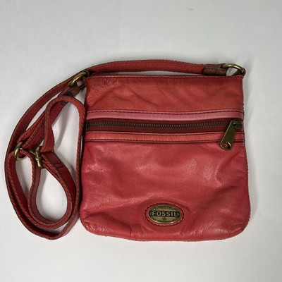 Vintage Fossil Red Leather Crossbody Bag Authentic Zip Pockets Strap Side Bag
