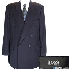 HUGO BOSS VINTAGE NAVY BLUE WOOL MENS 46L DBL BREASTED ZOOT SUIT BLAZER USA