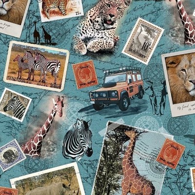 Michael Miller Safari~Safari Memories~Aqua~BTY DCX11325  Jeep Zebra Lion Giraffe